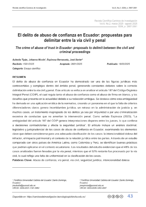 El delito de abuso de confianza en Ecuador: propuestas para delimitar entre la vía civil y penal